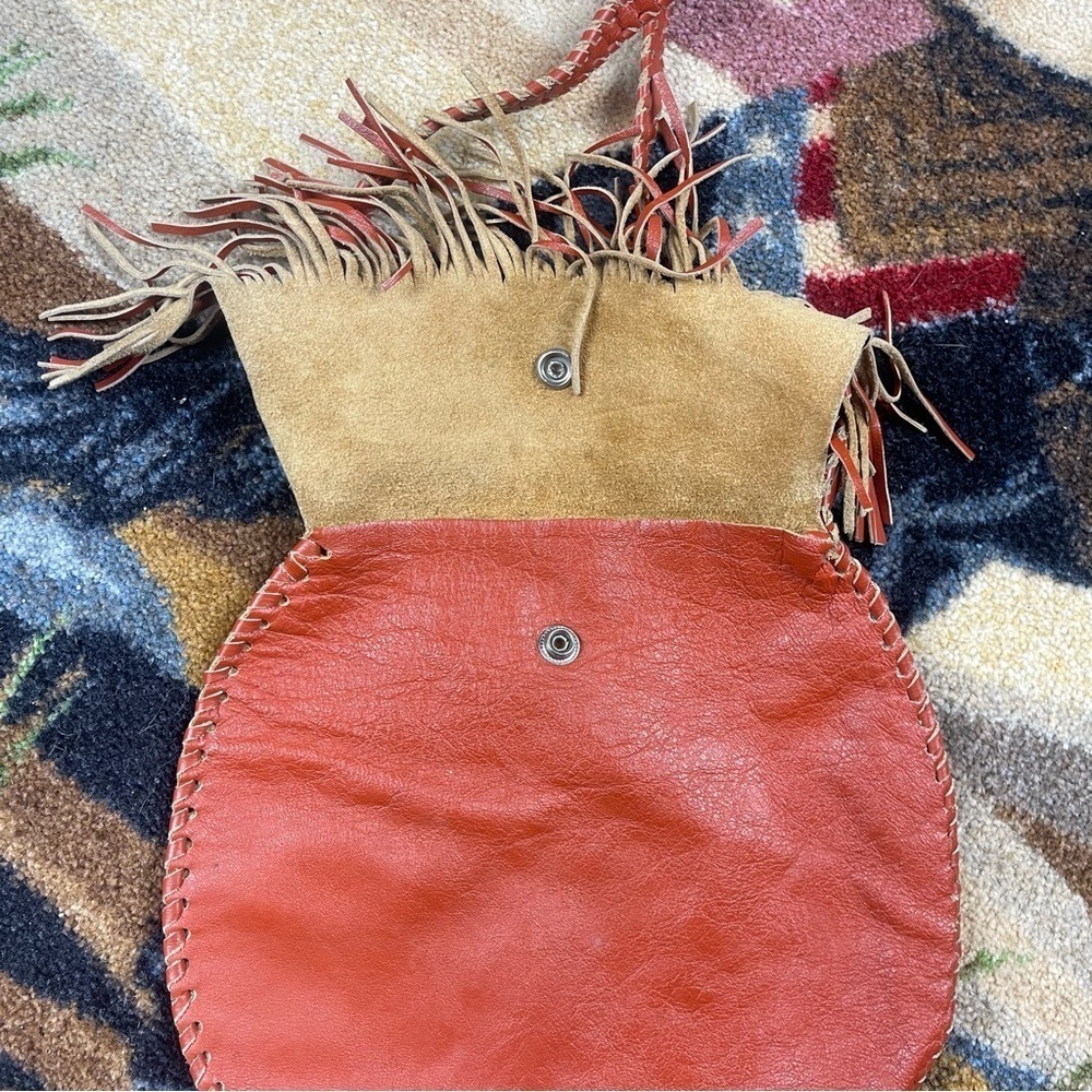 Vintage Leather Orange Bag with Fringe and Snap Closure - Picture 4 of 11